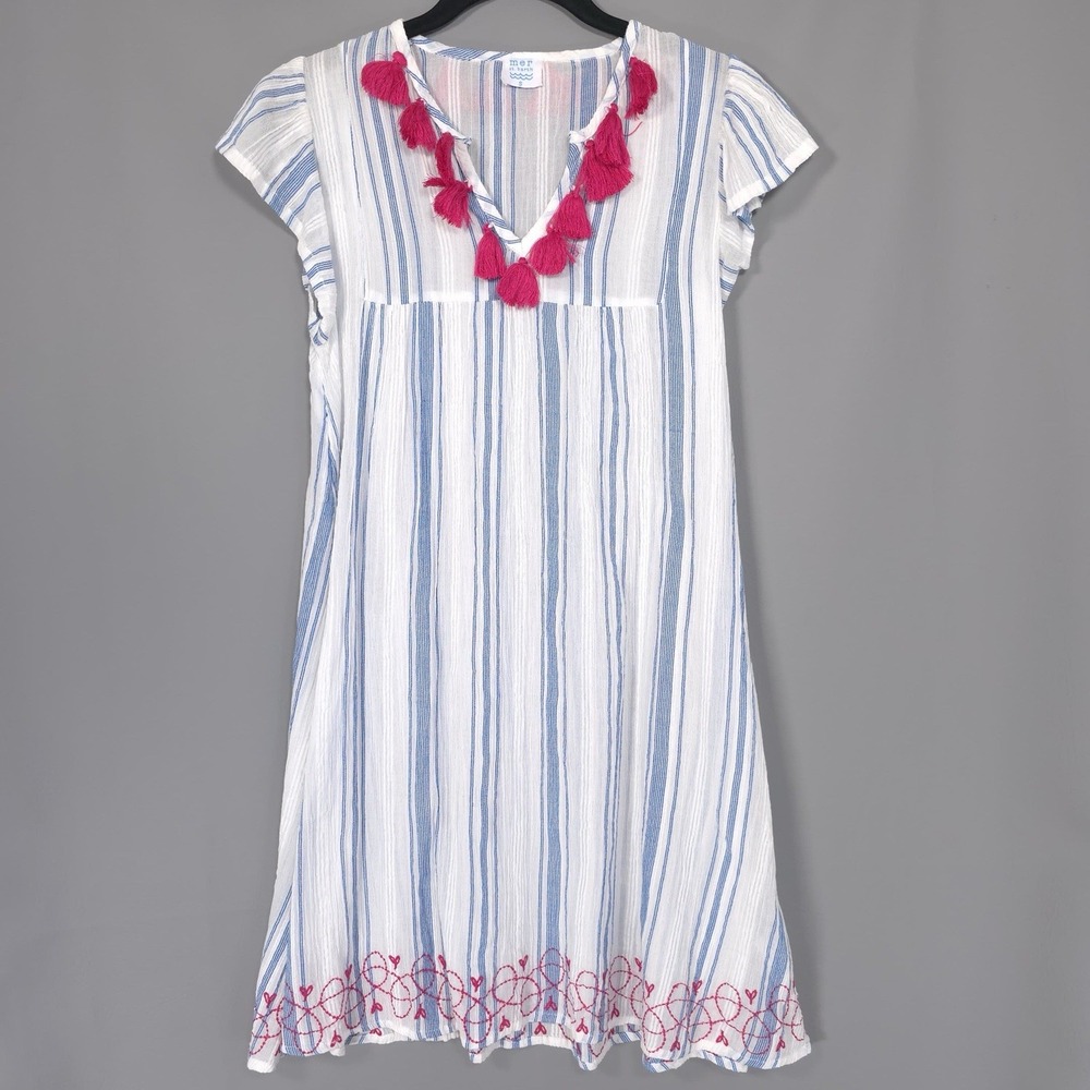mer st. barth Dress Women's SMALL Tasseled Embroidered A-Line Striped Blue White